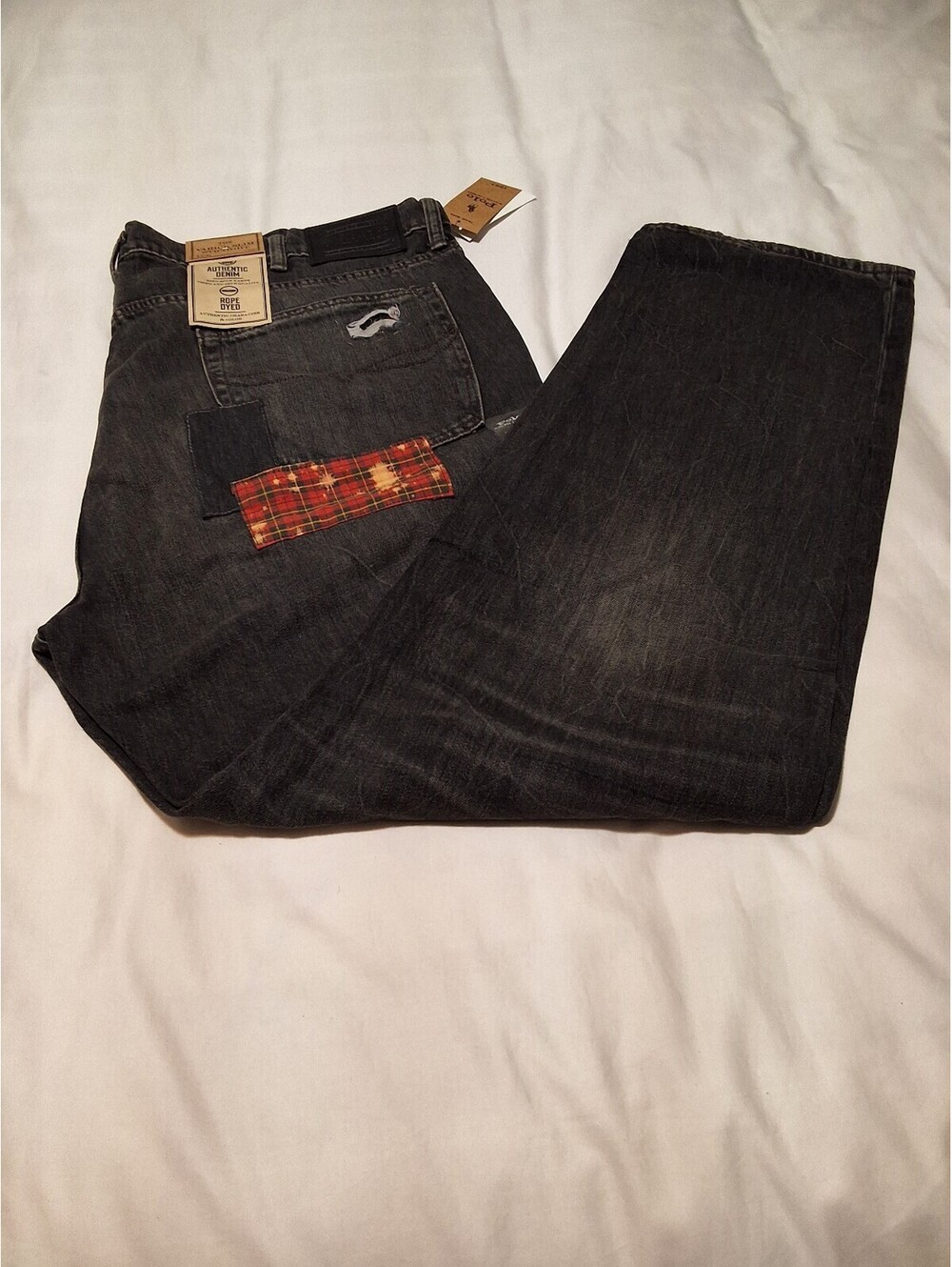 Polo Ralph Lauren Men's Distressed Black Denim Jeans with Patchwork Detail